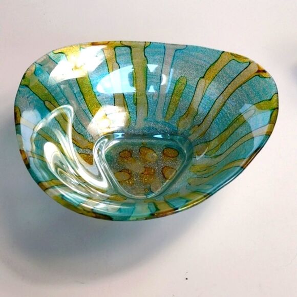 Teal and Gold Coloured Decorative Art Glass Bowl - Picture 3 of 5